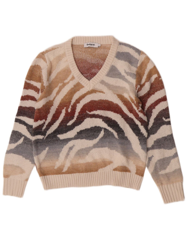 Desigual Womens V-Neck Jumper Sweater UK 6 XS Multicoloured Animal Print