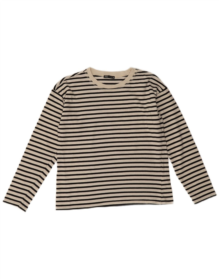 Zara Womens Top Long Sleeve UK 10 Small White Striped Cotton