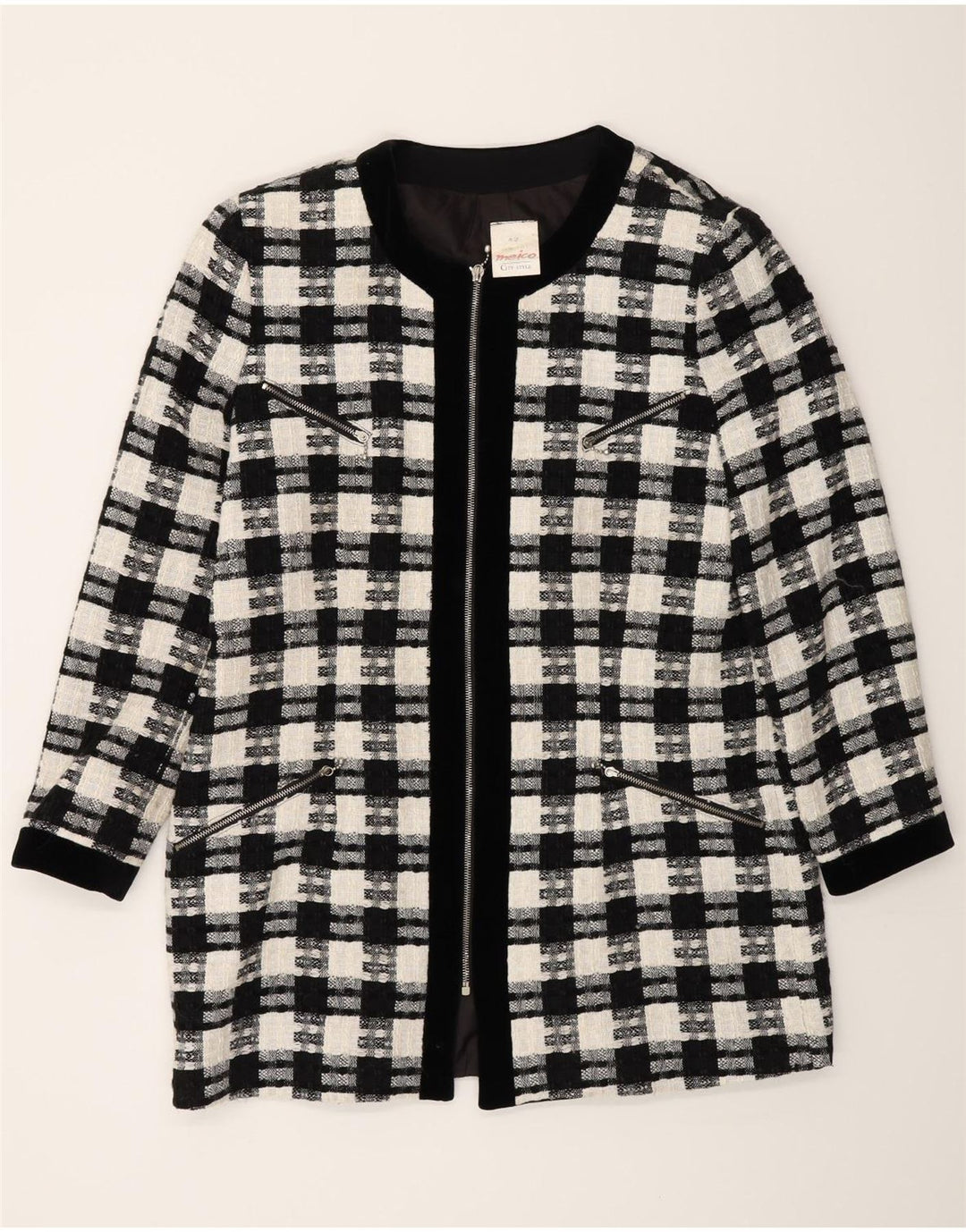 Meico Womens Longline Blazer Jacket EU 42 Large Black Check Polyester