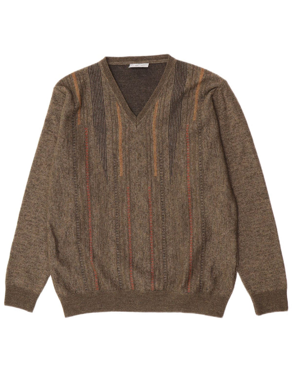 Rodes Mens V-Neck Jumper Sweater Medium Green Striped Wool