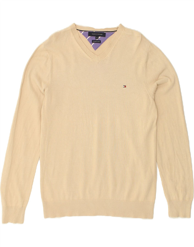 TOMMY HILFIGER Mens Premium V-Neck Jumper Sweater Medium Beige Cotton | Vintage Tommy Hilfiger | Thrift | Second-Hand Tommy Hilfiger | Used Clothing | Messina Hembry 