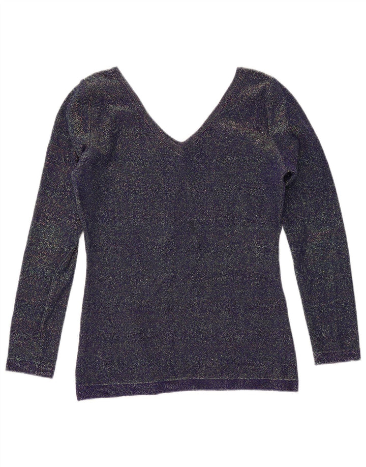 BENETTON Womens Crop V-Neck Jumper Sweater UK 10 Small Navy Blue Flecked