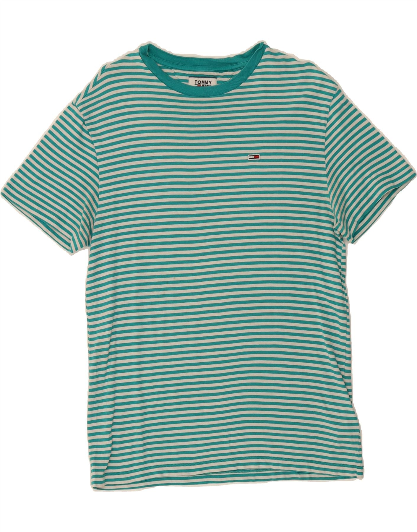 TOMMY HILFIGER Mens T-Shirt Top Small Turquoise Striped Cotton Vintage Tommy Hilfiger and Second-Hand Tommy Hilfiger from Messina Hembry 