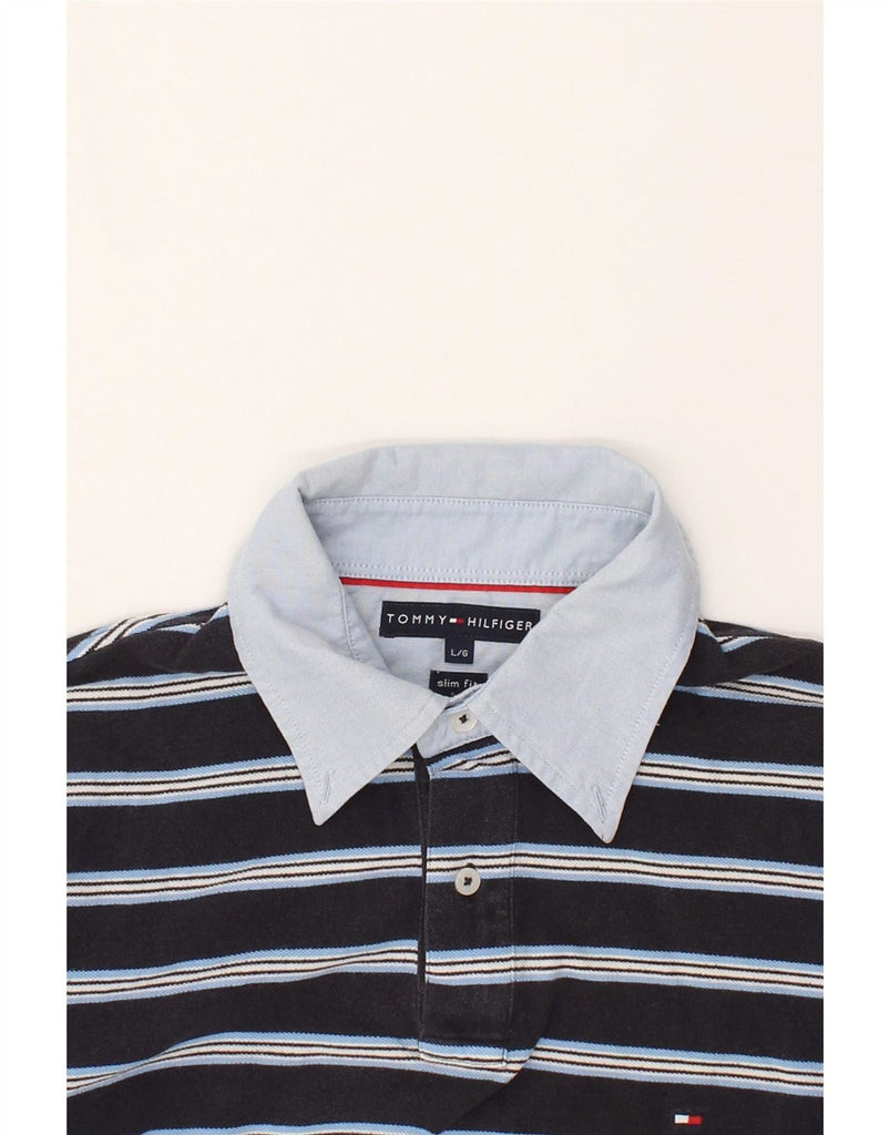 TOMMY HILFIGER Mens Slim Fit Polo Shirt Large Navy Blue Striped Cotton Vintage Tommy Hilfiger and Second-Hand Tommy Hilfiger from Messina Hembry 