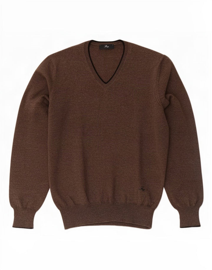 Fay Mens V-Neck Jumper Sweater IT 46 Small Brown Virgin Wool