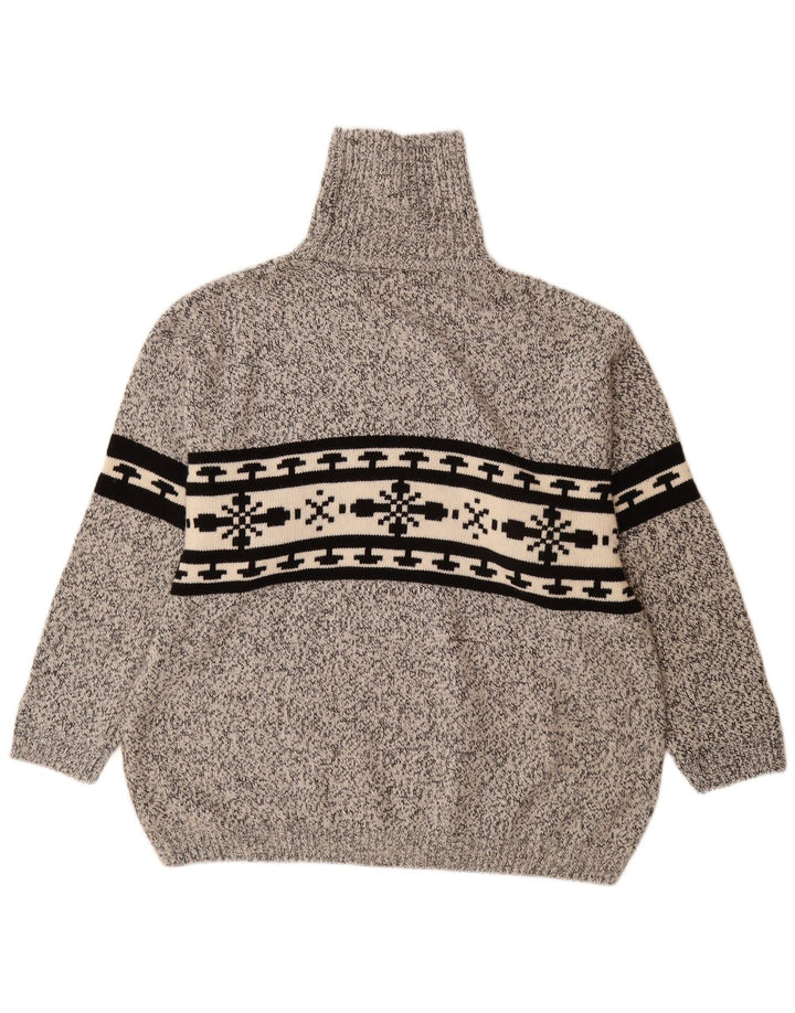 VINTAGE Mens Roll Neck Jumper Sweater 2XL Grey Fair Isle Acrylic