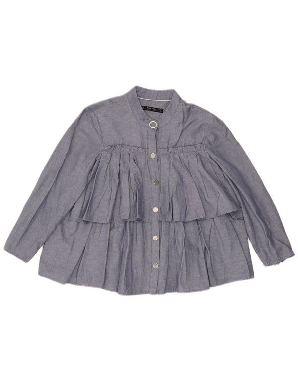 Zara Womens Ruffle Front Loose Fit Shirt Blouse UK 6 XS Blue Cotton