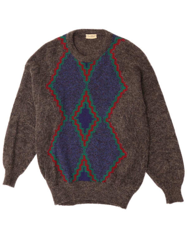 Vintage Mens Crew Neck Jumper Sweater Medium Grey Argyle/Diamond