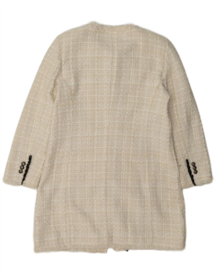 Zara Womens Longline 3 Button Blazer Jacket UK 12 Medium White Check Cotton