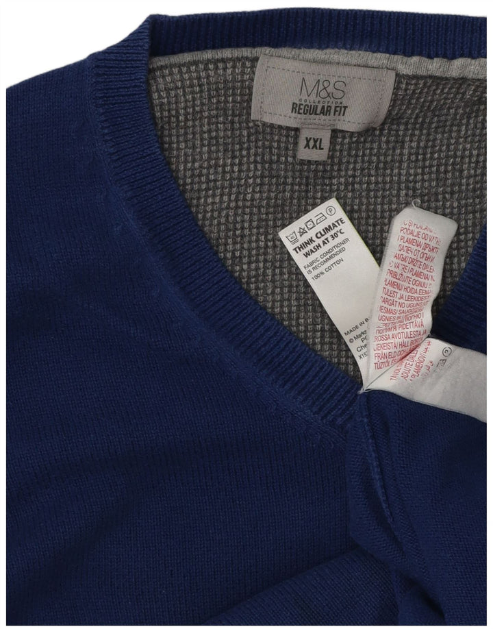 Marks & Spencer Mens Regular Fit V-Neck Jumper Sweater 2XL Blue Cotton