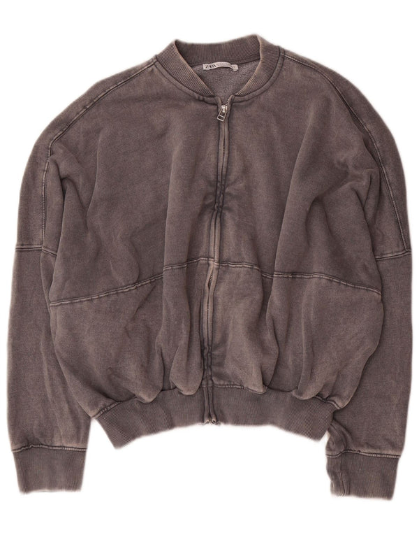 Zara Womens Crop Oversized Tracksuit Top Jacket UK 10 Small Grey Cotton