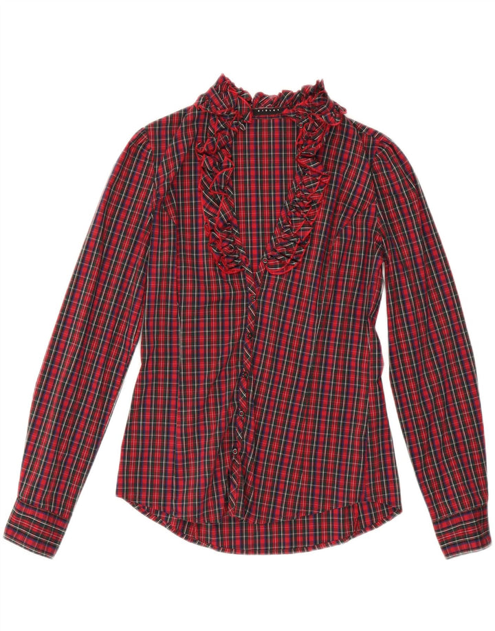 SISLEY Womens Ruffle Front Shirt Blouse UK 10 Small Red Check Cotton