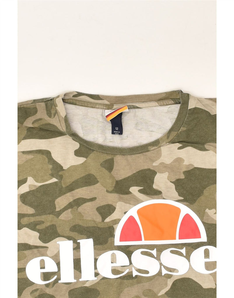 ELLESSE Womens Graphic Crop Top US 12 Large Khaki Camouflage Cotton | Vintage Ellesse | Thrift | Second-Hand Ellesse | Used Clothing | Messina Hembry 