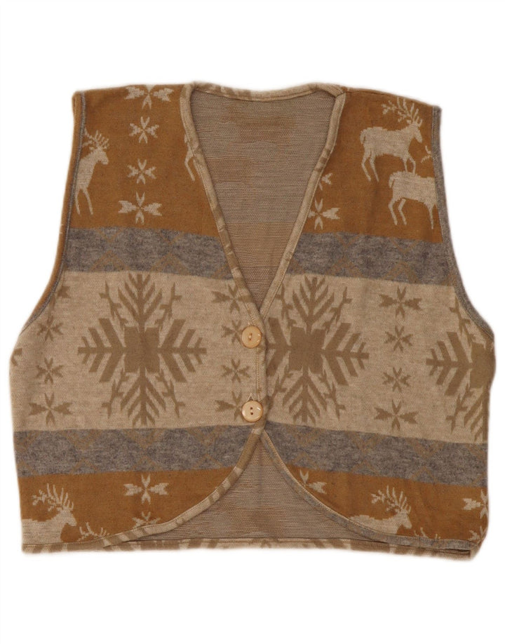 VINTAGE Womens Crop Cardigan Sweater UK 14 Medium Beige Fair Isle