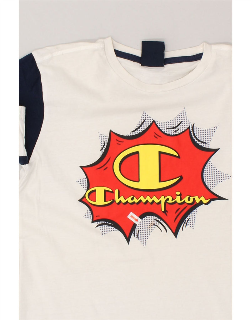 CHAMPION Boys Graphic T-Shirt Top 13-14 Years XL White Colourblock Cotton | Vintage Champion | Thrift | Second-Hand Champion | Used Clothing | Messina Hembry 