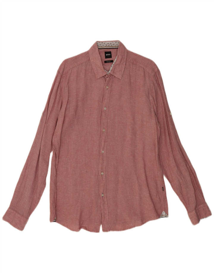 HUGO BOSS Mens Regular Fit Shirt Large Pink Flecked Linen