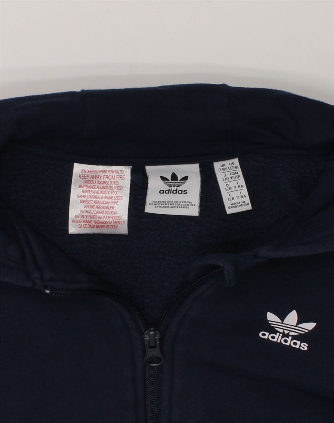 ADIDAS Boys Zip Hoodie Sweater 7-8 Years Navy Blue Cotton