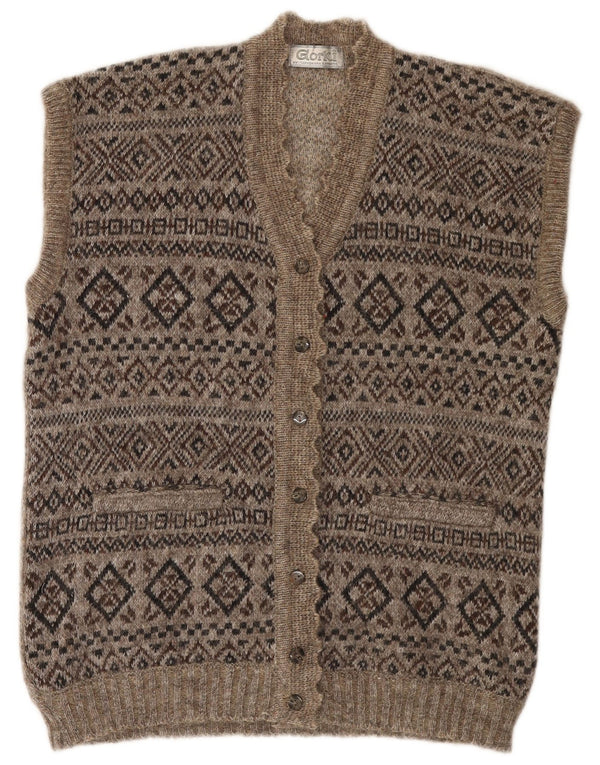 Vintage Womens Longline Sleeveless Cardigan Sweater UK 18 XL Grey Fair Isle