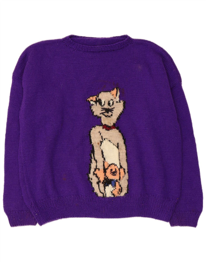 VINTAGE Womens Graphic Boat Neck Jumper Sweater UK 18 XL Purple Cat