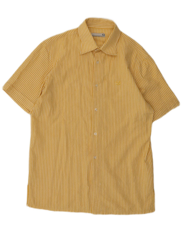 Sergio Tacchini Mens Short Sleeve Shirt Large Yellow Pinstripe Cotton