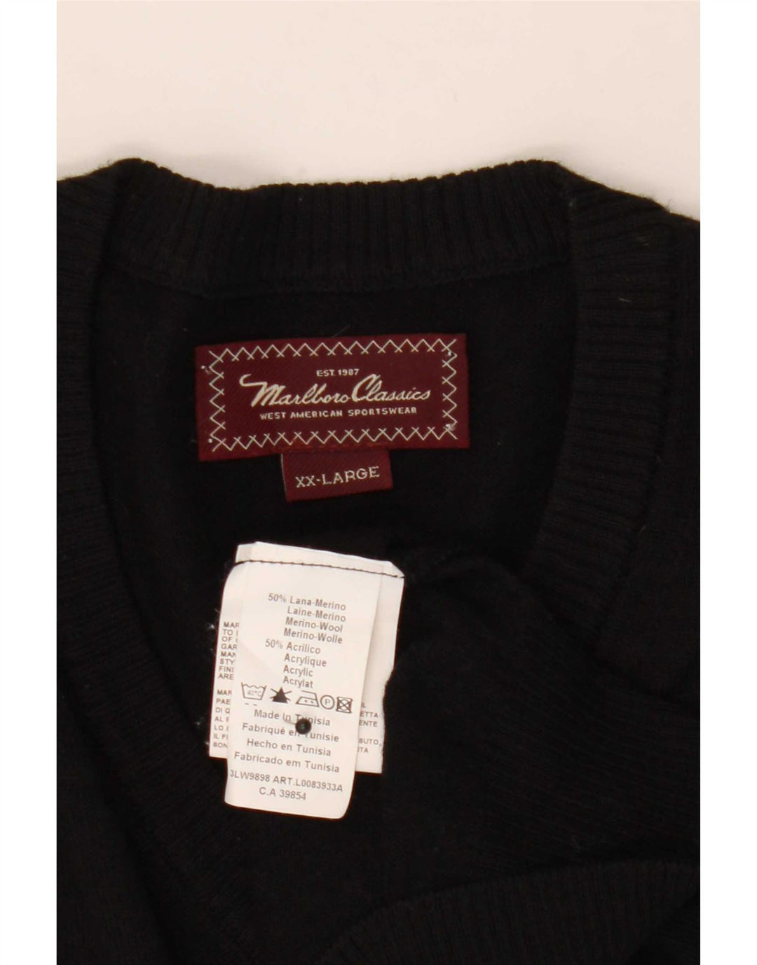 Marlboro Classics Mens V-Neck Jumper Sweater 2XL Black Merino Wool