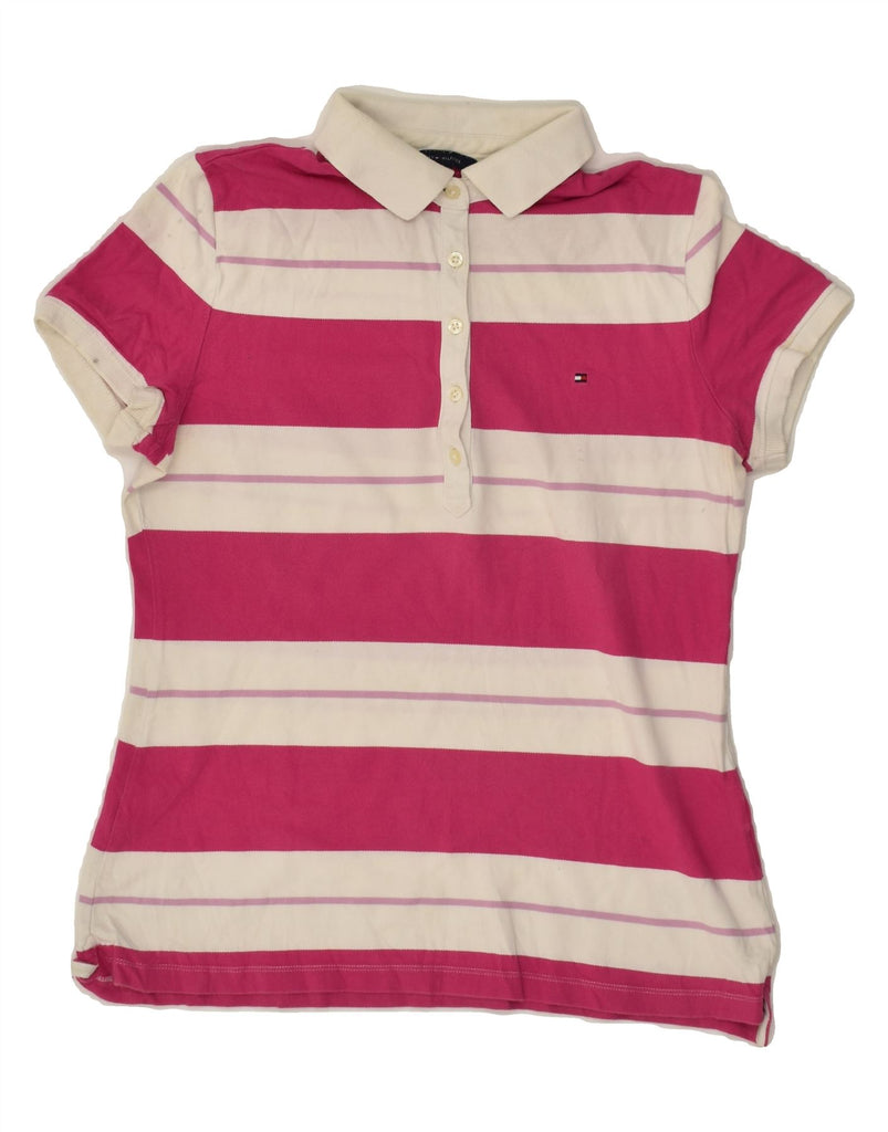 TOMMY HILFIGER Womens Polo Shirt UK 12 Medium Pink Striped Cotton | Vintage Tommy Hilfiger | Thrift | Second-Hand Tommy Hilfiger | Used Clothing | Messina Hembry 