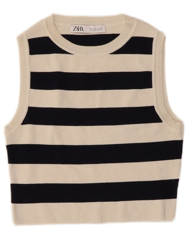 Zara Womens Crop Vest Tank Top UK 14 Large White Striped Viscose