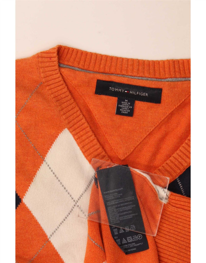 Tommy Hilfiger Mens V-Neck Jumper Sweater Medium Orange Argyle/Diamond