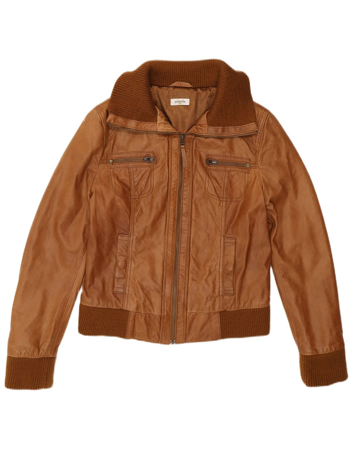 Pimkie Womens Bomber Leather Jacket UK 12 Medium Brown