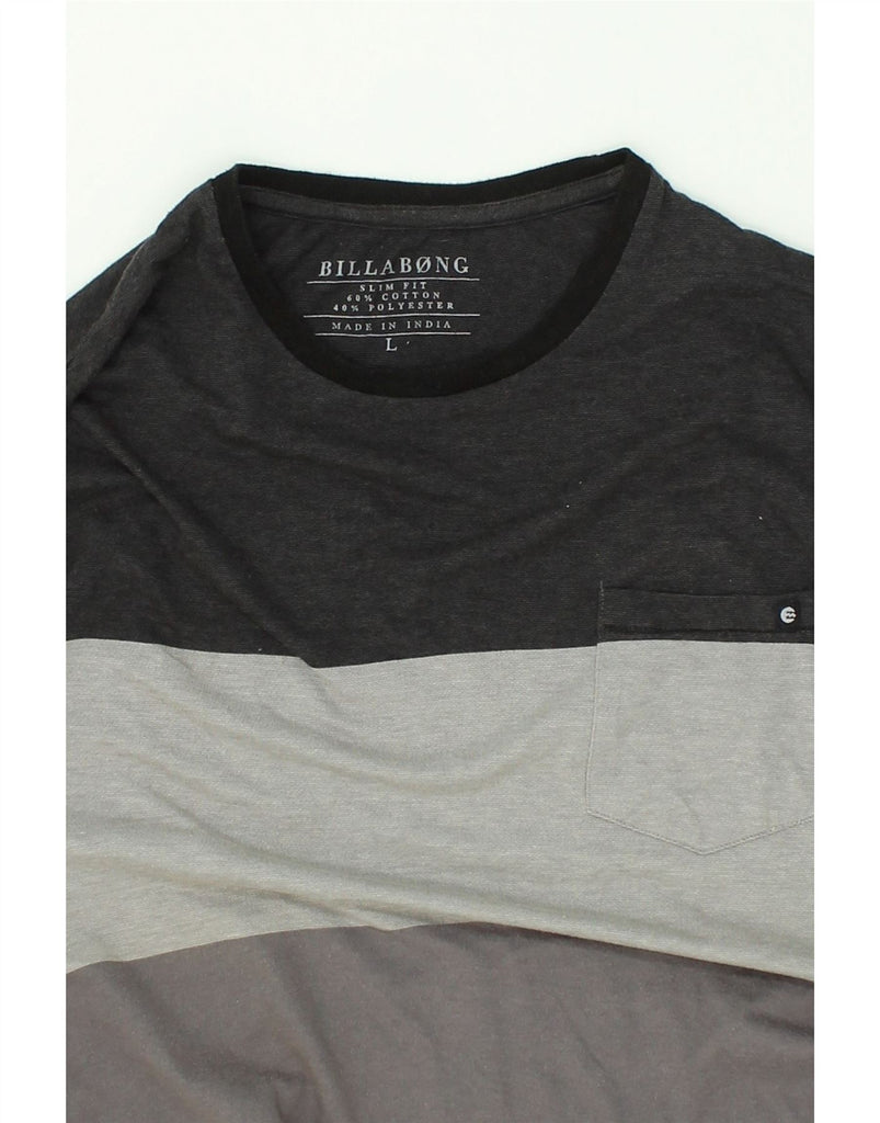 BILLABONG Mens Slim Fit T-Shirt Top Large Grey Striped Cotton | Vintage Billabong | Thrift | Second-Hand Billabong | Used Clothing | Messina Hembry 