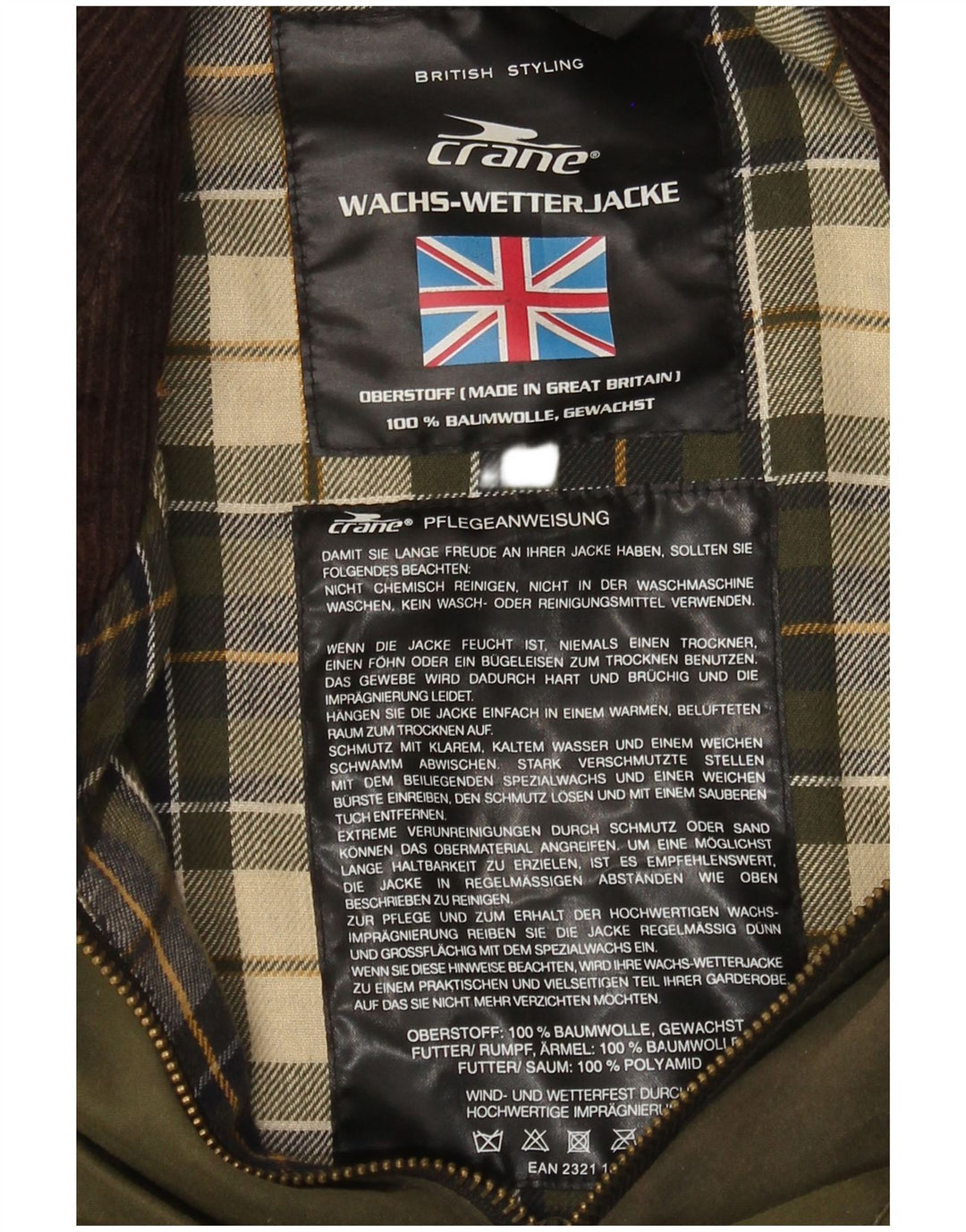 Crane Mens Waxed Cotton Jacket UK 38 Medium Green Cotton