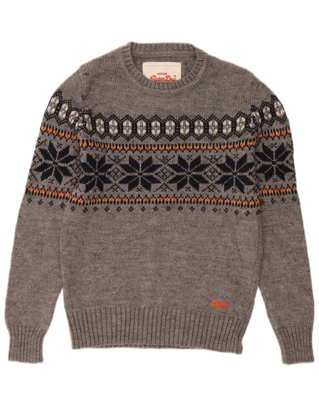 Superdry Mens Crew Neck Jumper Sweater Small Grey Fair Isle Acrylic