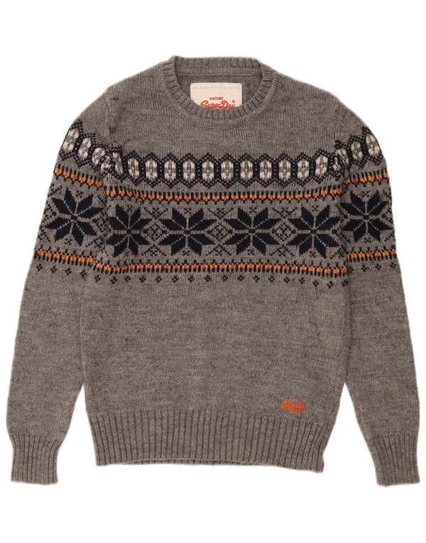 Superdry Mens Crew Neck Jumper Sweater Small Grey Fair Isle Acrylic