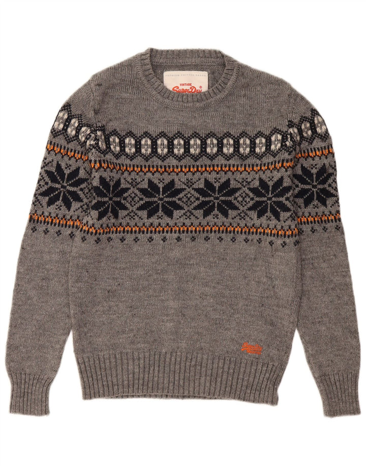 Superdry Mens Crew Neck Jumper Sweater Small Grey Fair Isle Acrylic