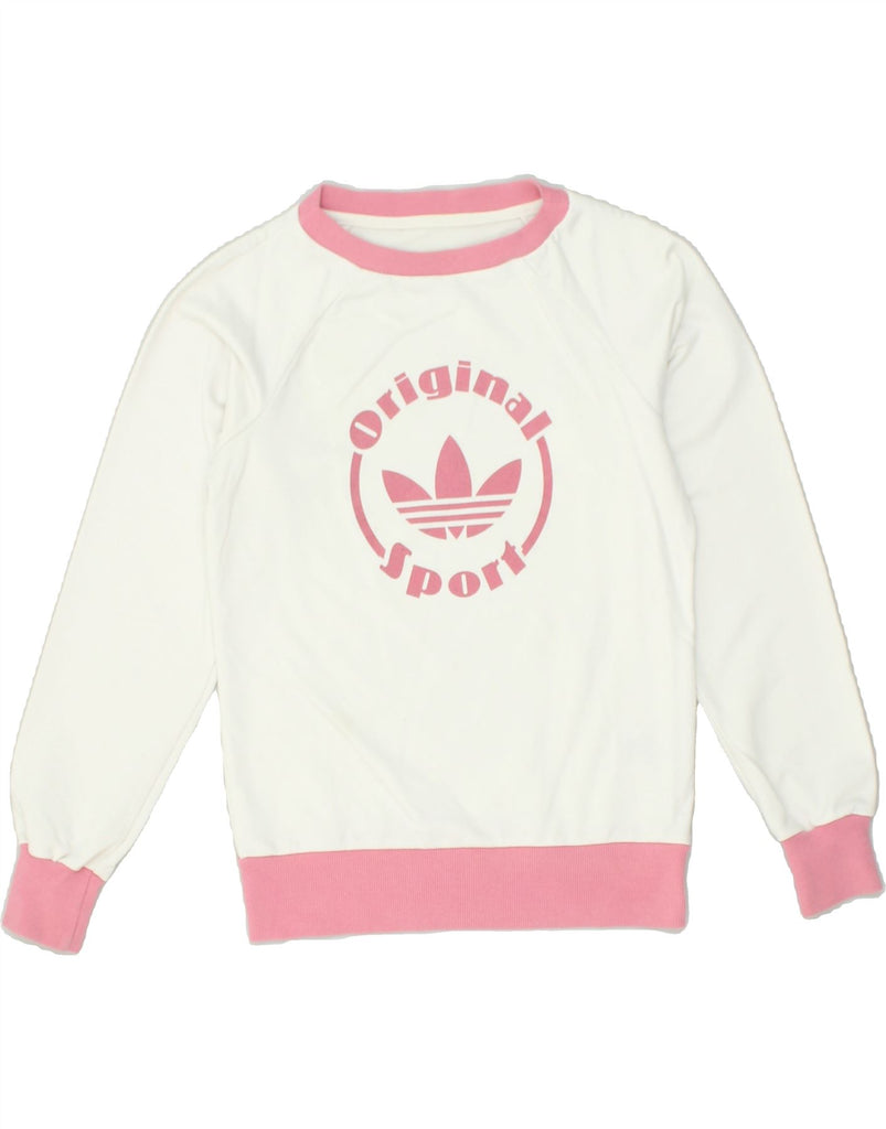 ADIDAS Womens Graphic Sweatshirt Jumper IT 42 Medium White Cotton | Vintage Adidas | Thrift | Second-Hand Adidas | Used Clothing | Messina Hembry 