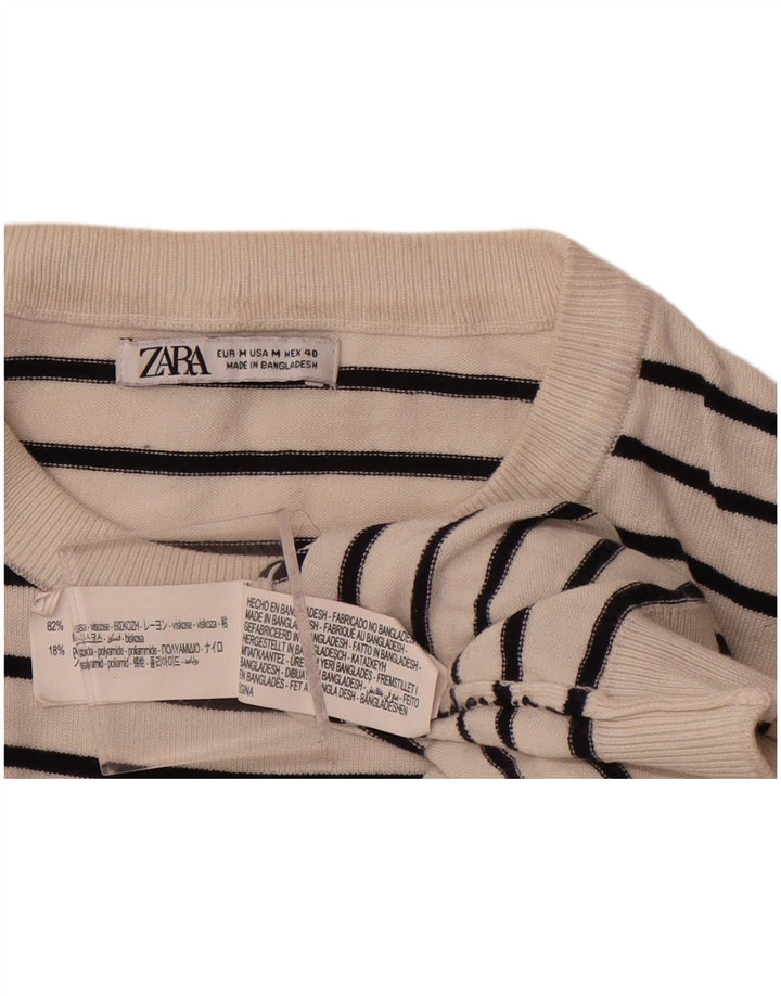 ZARA Womens Crop Crew Neck Jumper Sweater UK 14 Medium White Striped