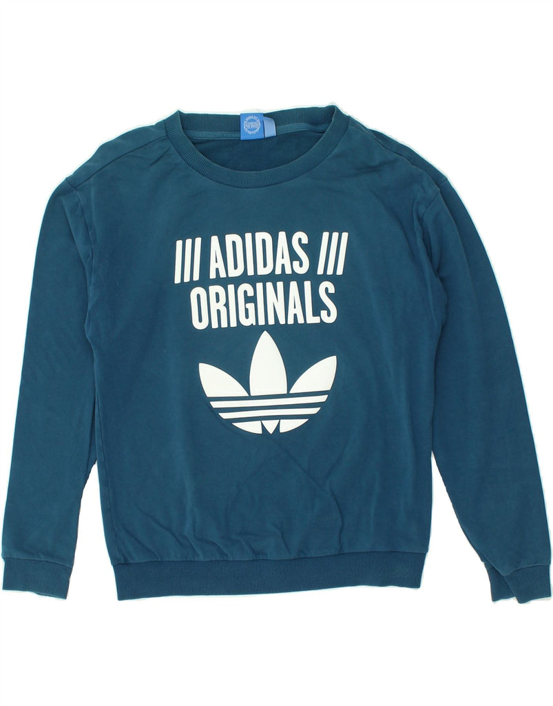 ADIDAS Womens Graphic Sweatshirt Jumper UK 10 Small Blue Cotton | Vintage Adidas | Thrift | Second-Hand Adidas | Used Clothing | Messina Hembry 