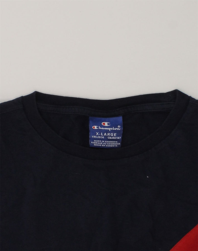 CHAMPION Boys T-Shirt Top 13-14 Years XL Navy Blue Colourblock Cotton | Vintage Champion | Thrift | Second-Hand Champion | Used Clothing | Messina Hembry 