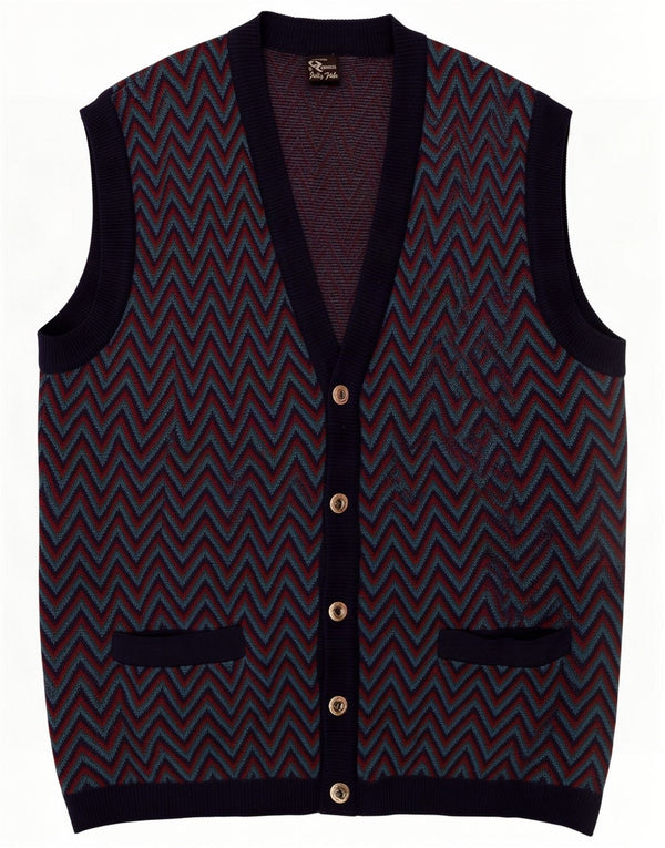 Vintage Mens Sleeveless Cardigan Sweater Medium Navy Blue Geometric Wool