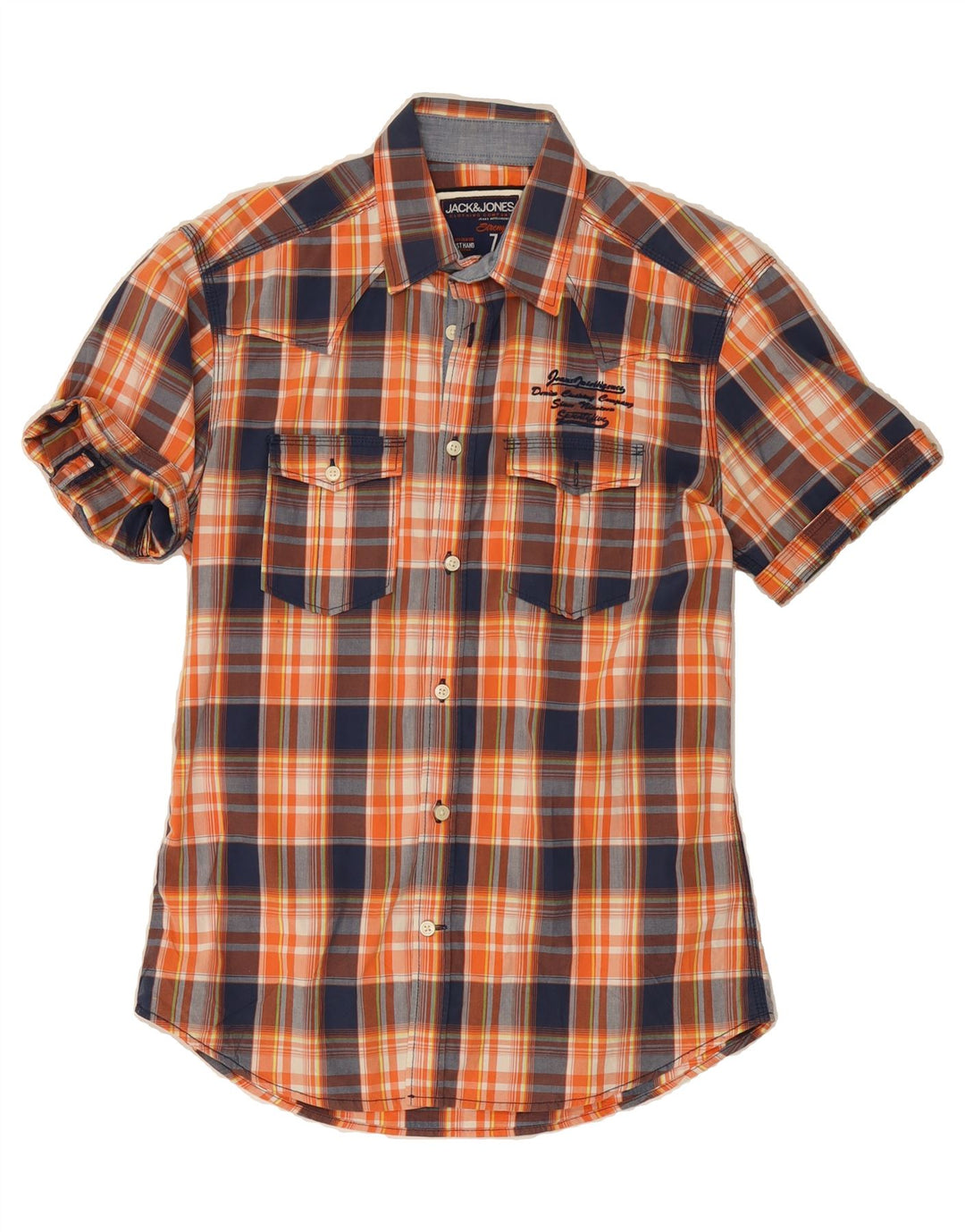 JACK & JONES Mens Graphic Short Sleeve Shirt Medium Orange Check Vintage Jack & Jones and Second-Hand Jack & Jones from Messina Hembry 