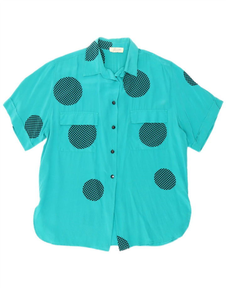 Vintage Womens Short Sleeve Shirt Blouse IT 42 Medium Blue Geometric Silk