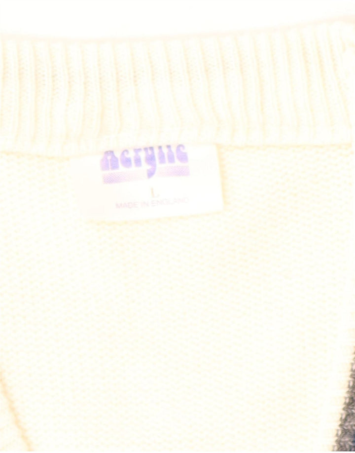 VINTAGE Mens V-Neck Jumper Sweater Large White Geometric Acrylic