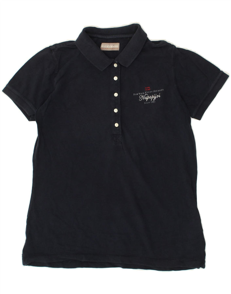 NAPAPIJRI Womens Graphic Polo Shirt UK 12 Medium Navy Blue Cotton | Vintage Napapijri | Thrift | Second-Hand Napapijri | Used Clothing | Messina Hembry 