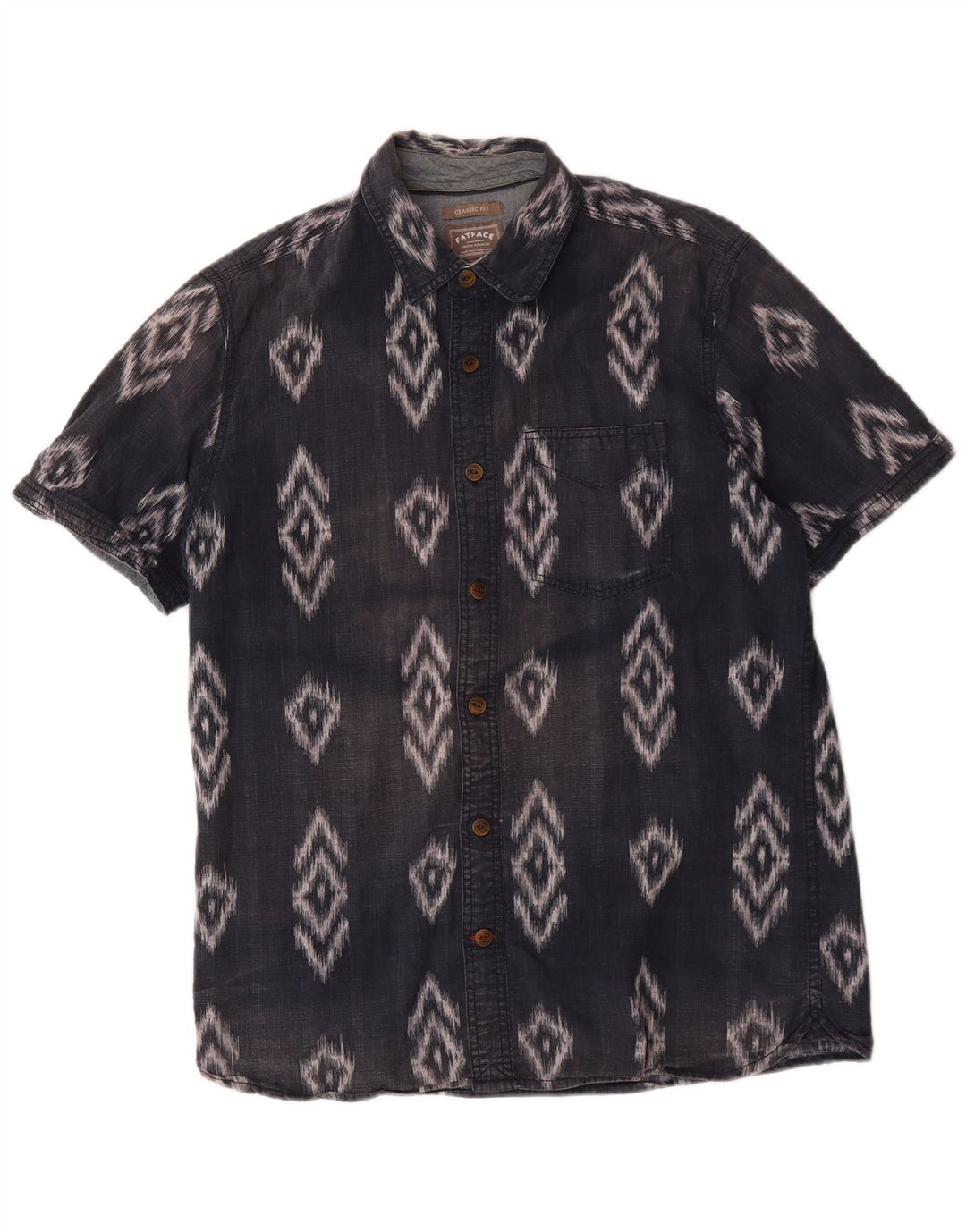 Fat Face Mens Short Sleeve Classic Fit Shirt Medium Navy Blue Ikat Cotton
