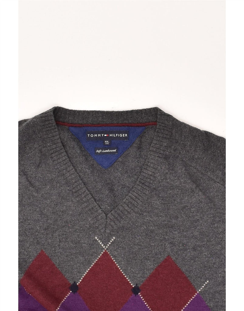 TOMMY HILFIGER Mens V-Neck Jumper Sweater 2XL Grey Argyle/Diamond Wool Vintage Tommy Hilfiger and Second-Hand Tommy Hilfiger from Messina Hembry 