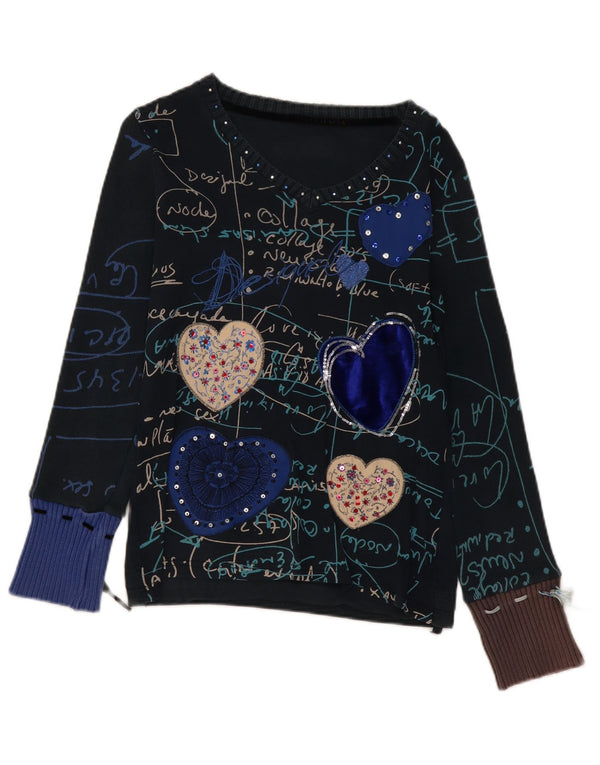 Desigual Womens Graphic Top Long Sleeve UK 14 Medium Navy Blue Heart