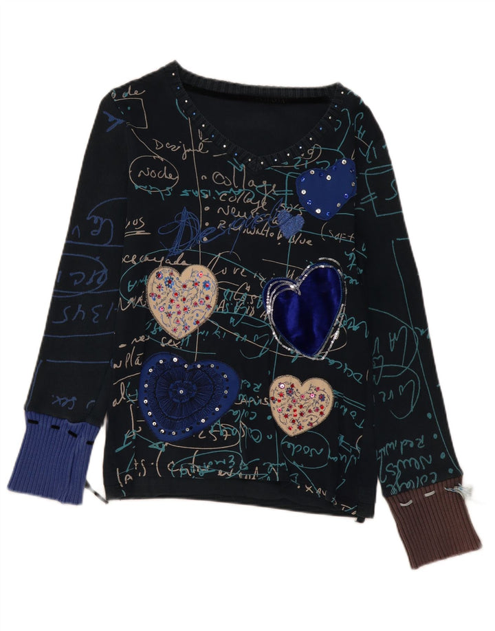 Desigual Womens Graphic Top Long Sleeve UK 14 Medium Navy Blue Heart