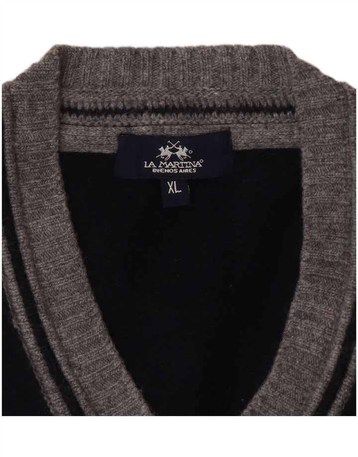 La Martina Mens Graphic V-Neck Jumper Sweater XL Navy Blue