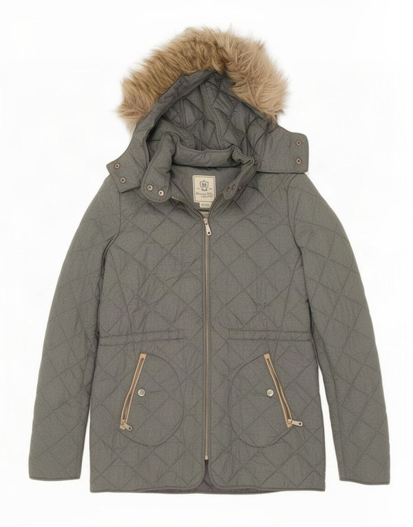 Massimo Dutti Girls Hooded Quilted Jacket 11-12 Years Grey Nylon