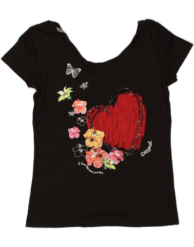 DESIGUAL Womens Graphic T-Shirt Top UK 12 Medium Black Floral Cotton | Vintage Desigual | Thrift | Second-Hand Desigual | Used Clothing | Messina Hembry 